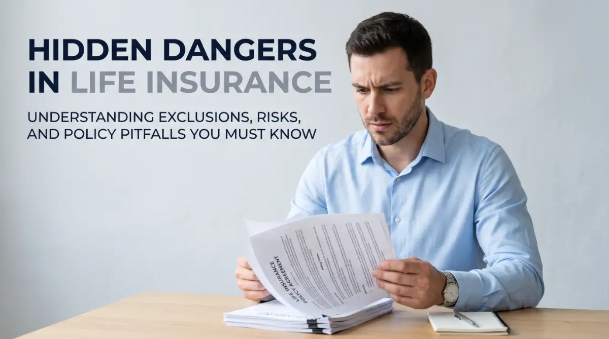 A smart young man carefully reading documents, highlighting the hidden dangers in life insurance policies that families need to avoid.