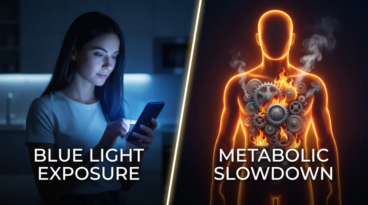 A split comparison showing a glowing smartphone screen at night directly disrupting a person's internal metabolic rate and digestion.