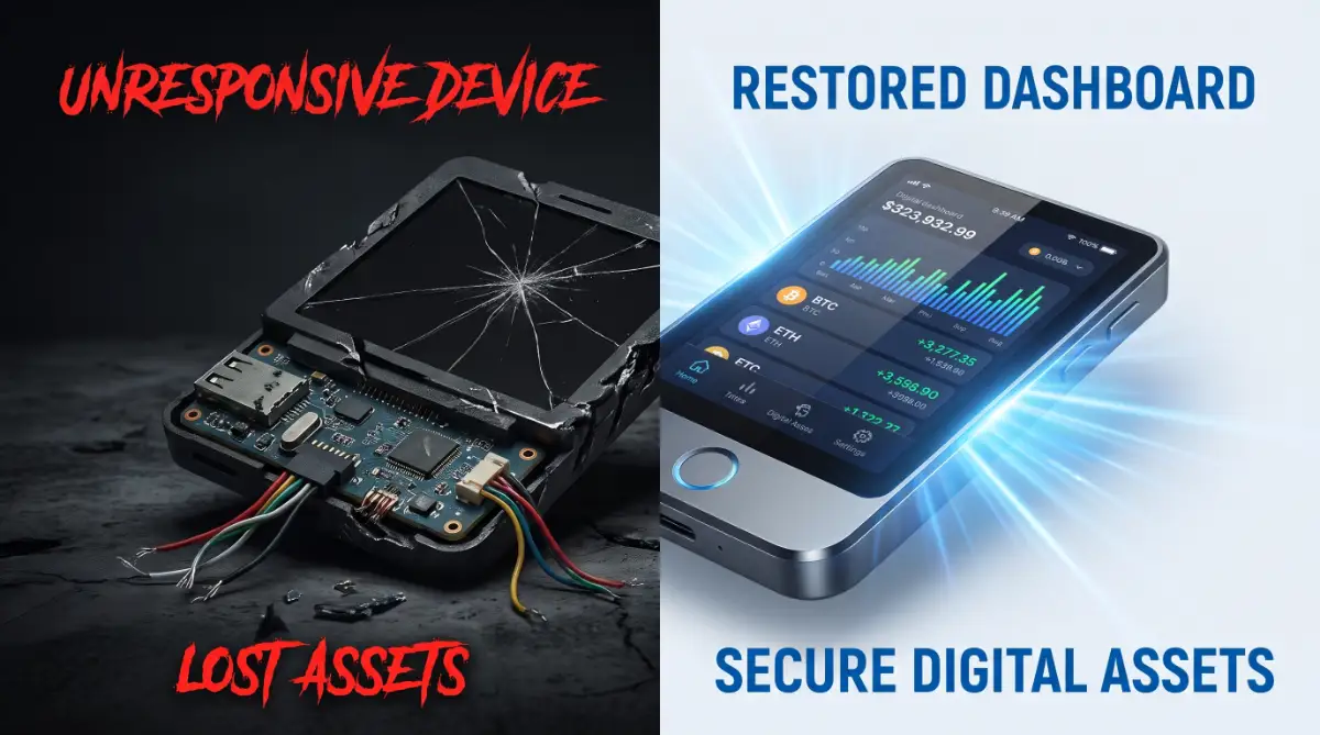 A split screen comparing a damaged cryptocurrency hardware wallet on a dark background versus a fully restored digital asset portfolio glowing green.