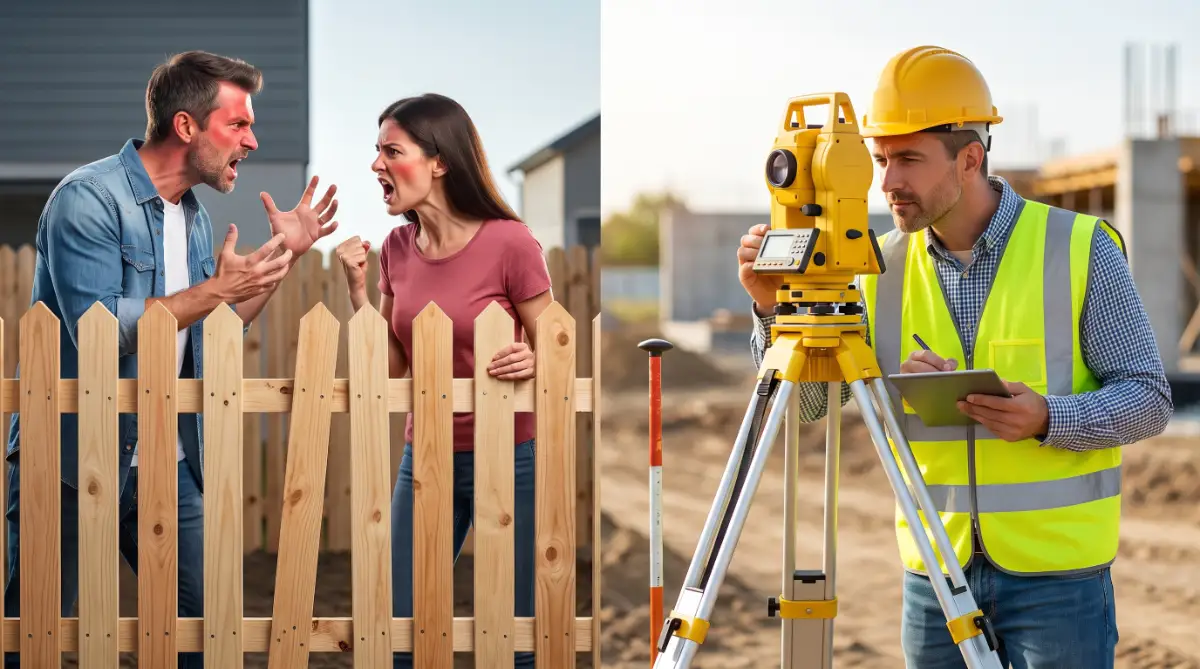 A split screen comparing two angry neighbors arguing over a wooden fence versus a professional land surveyor measuring exact boundary lines.