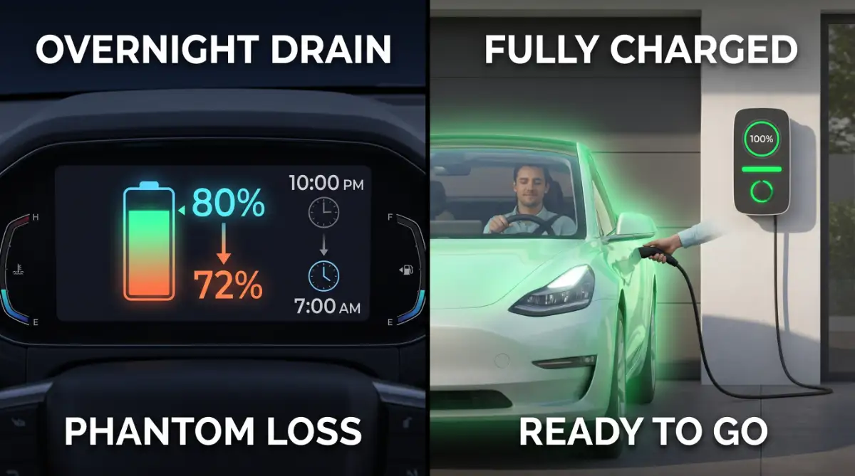 A split screen showing an electric vehicle losing battery charge overnight due to phantom drain versus a healthy, fully charged EV in a garage.