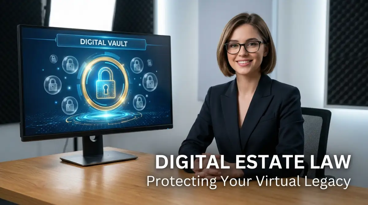 A smart female legal tech specialist explaining digital estate law and online asset protection strategies.