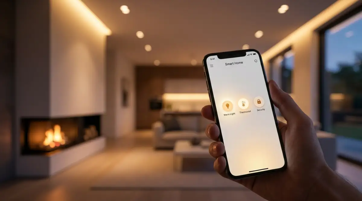 A smartphone showing a single unified smart home dashboard controlling lighting and climate in a modern living room without app clutter.