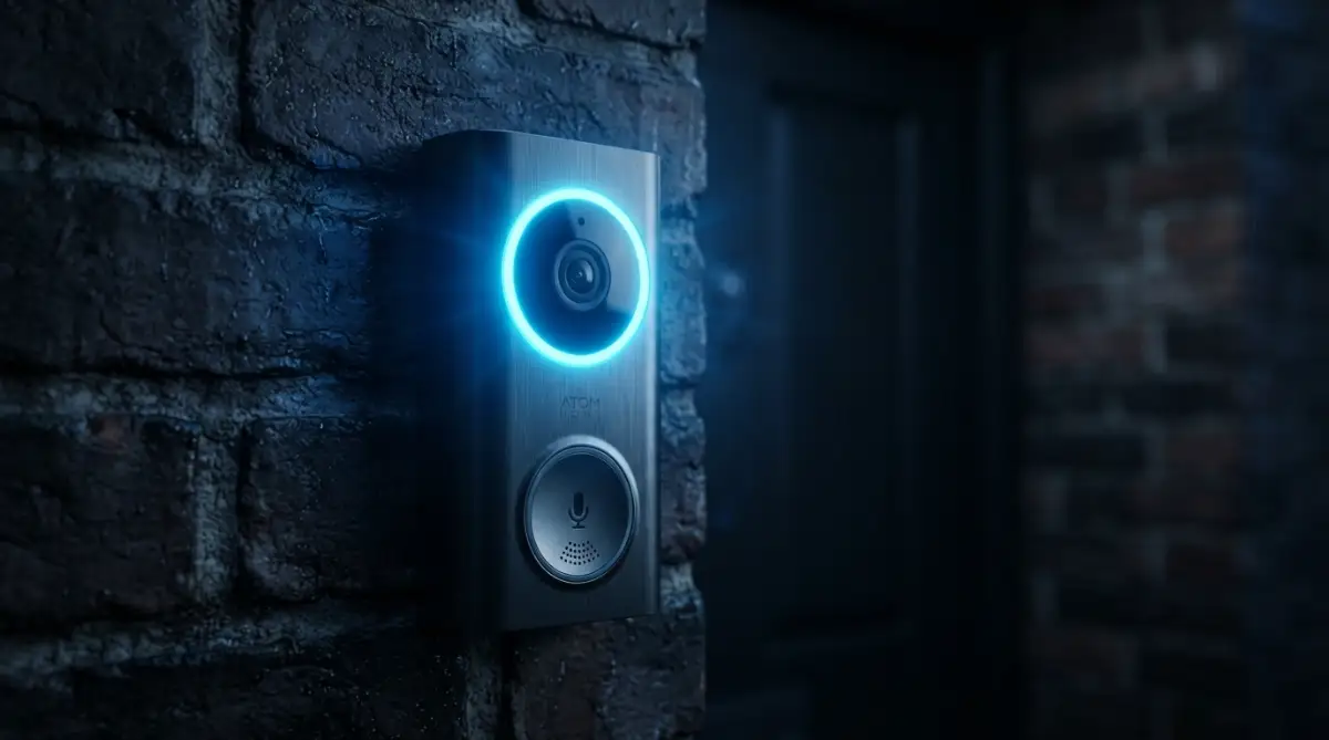 A smart video doorbell with a glowing blue LED ring mounted on a brick wall at night, representing a boot loop error.