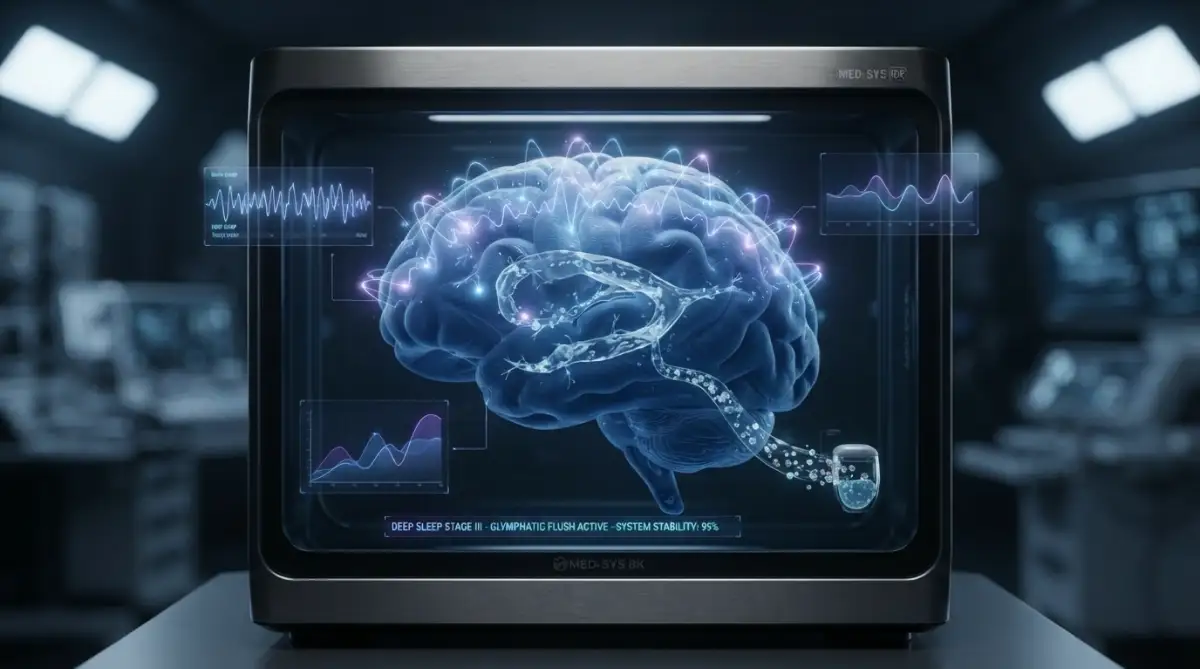 Futuristic medical visualization of the brain during deep sleep and glymphatic clearance.