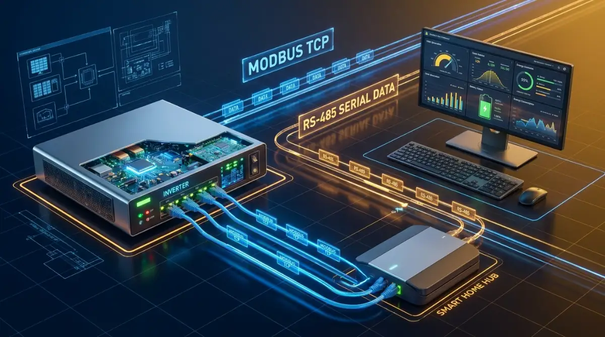 Smart home solar inverter troubleshooting diagram showing Modbus TCP and RS-485 serial communication architecture.