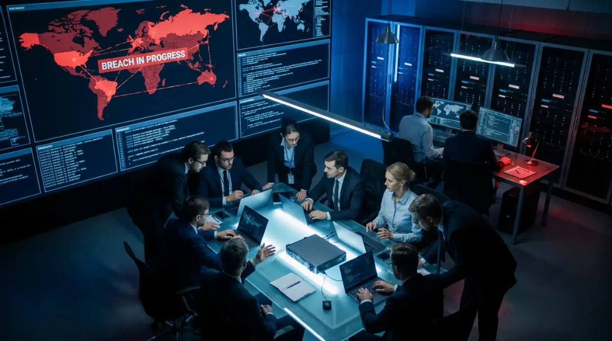 Enterprise cyber breach incident response war room with forensic engineers containing active ransomware attack.