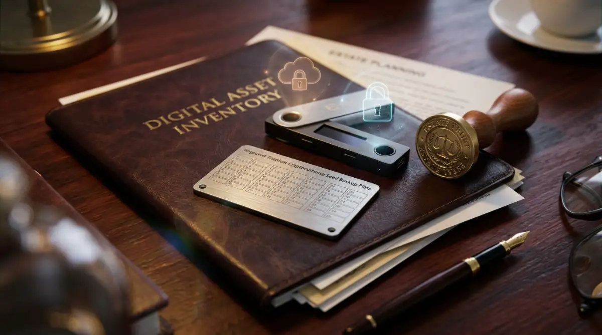Digital estate planning legal vault with hardware crypto wallet, stamped titanium seed plate, and legal trust documents on mahogany desk.