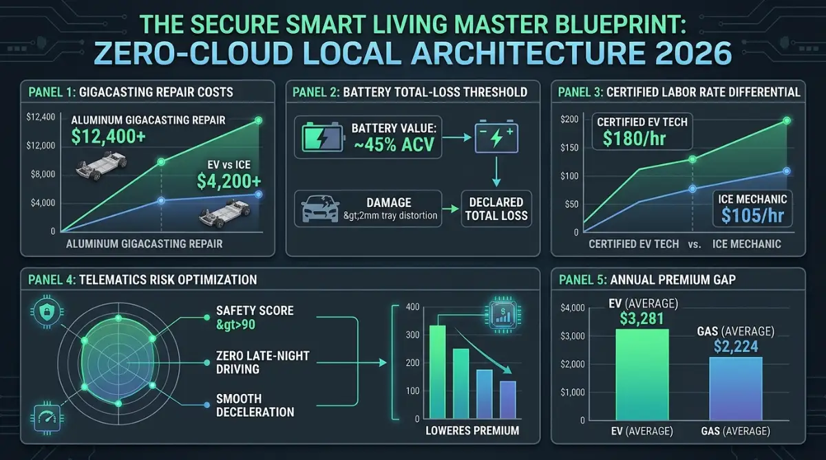 A 5-panel corporate-technical dashboard titled 'THE SECURE SMART LIVING MASTER BLUEPRINT: ZERO-CLOUD LOCAL ARCHITECTURE 2026', visualized in a Bento Grid layout with emerald green and indigo accents.