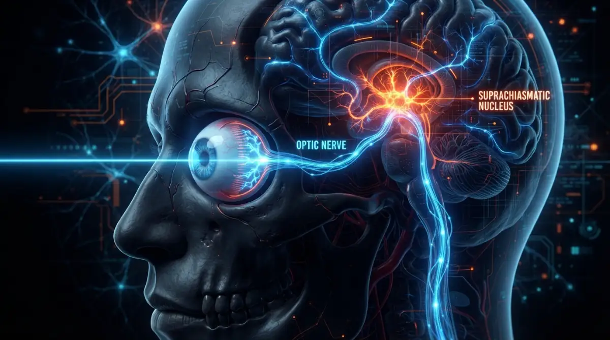 3D biological render of 460-480nm blue light entering the eye and signaling the brain's circadian clock via ipRGCs, causing hormonal and metabolic disruption.