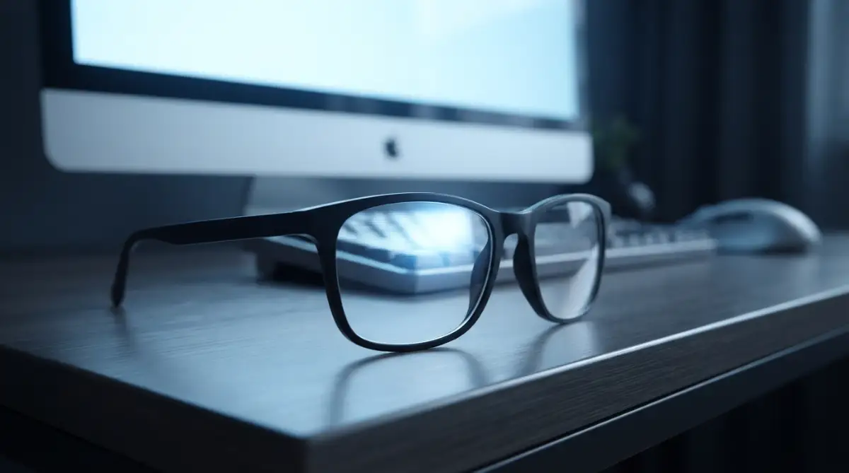 Clear blue light blocking glasses reflecting computer screen glare, illustrating why standard office glasses fail to protect metabolic health and circadian rhythms.