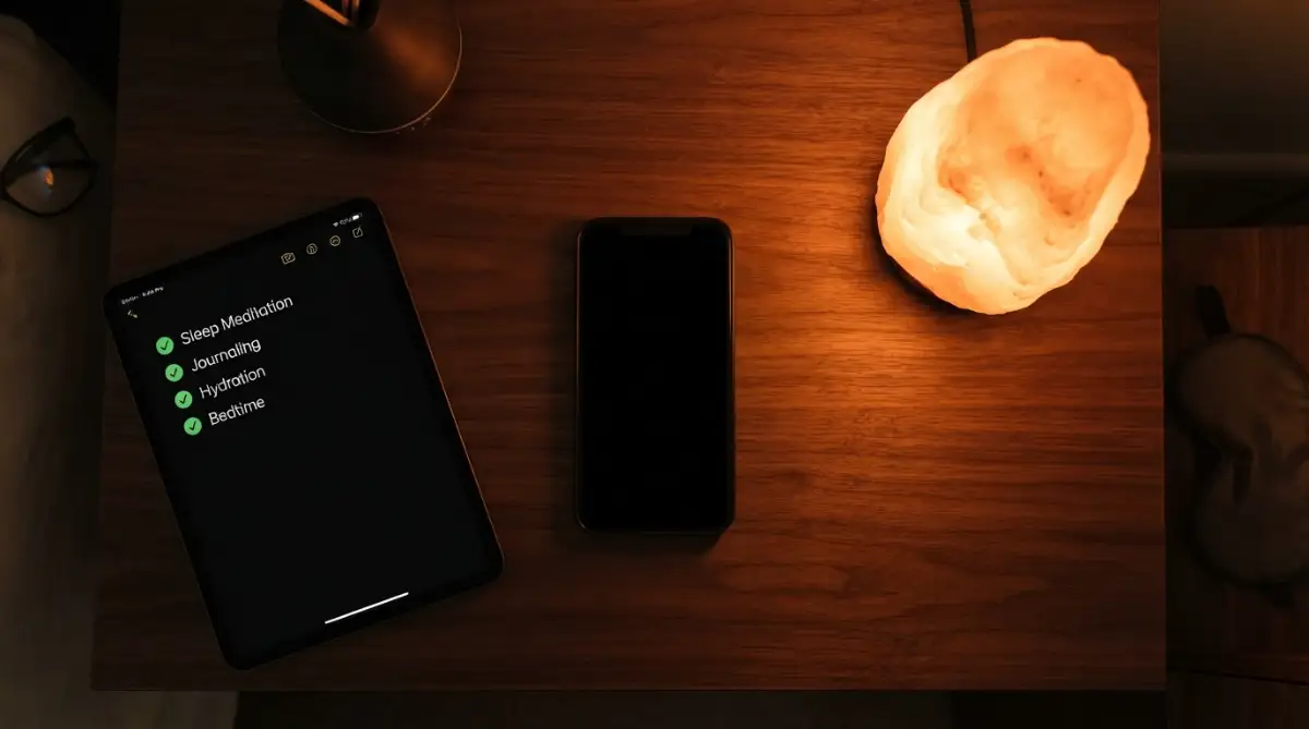 A dark-mode smartphone next to an amber lamp and a biohacking sleep protocol checklist representing screen time mitigation and metabolic defense.
