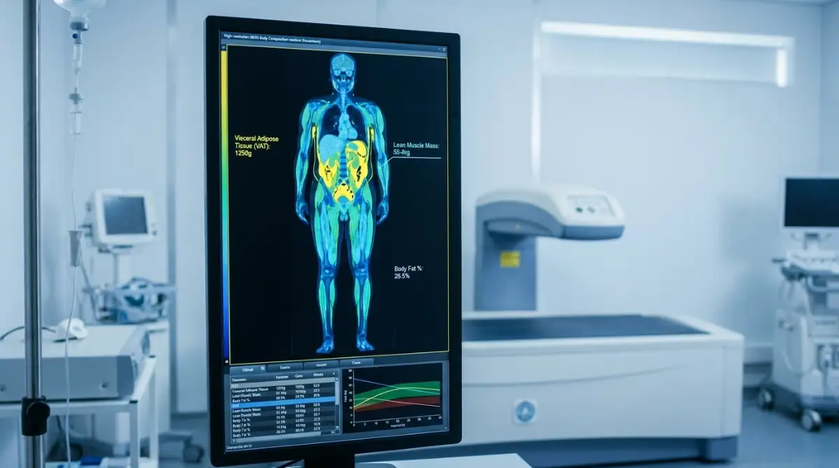 DEXA body composition scan measuring visceral adipose tissue VAT and lean muscle mass