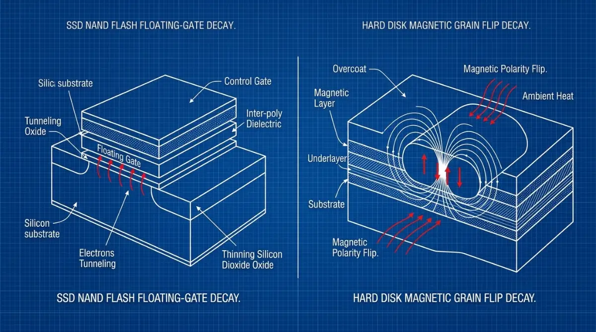 Conceptual 3D illustration of silent bit rot causing binary code degradation inside an enterprise server storage system