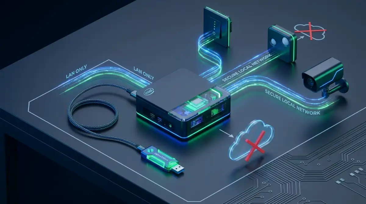 Dedicated x86 mini PC running Home Assistant OS with an external USB Zigbee coordinator for local-first smart home control.