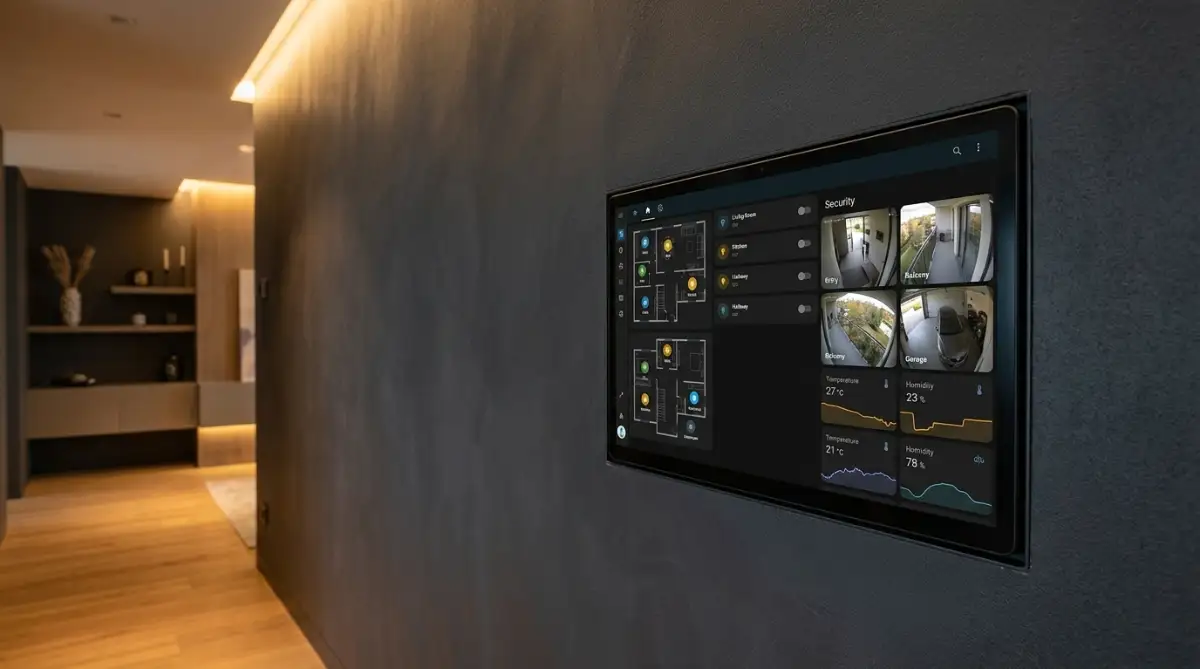 Wall-mounted tablet interface running a consolidated Home Assistant dashboard controlling smart lighting, climate, and security locally.