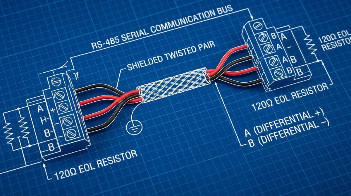 A technician inspecting RS-485 serial communication wiring, differential data lines, and terminal blocks for solar inverter data buses.