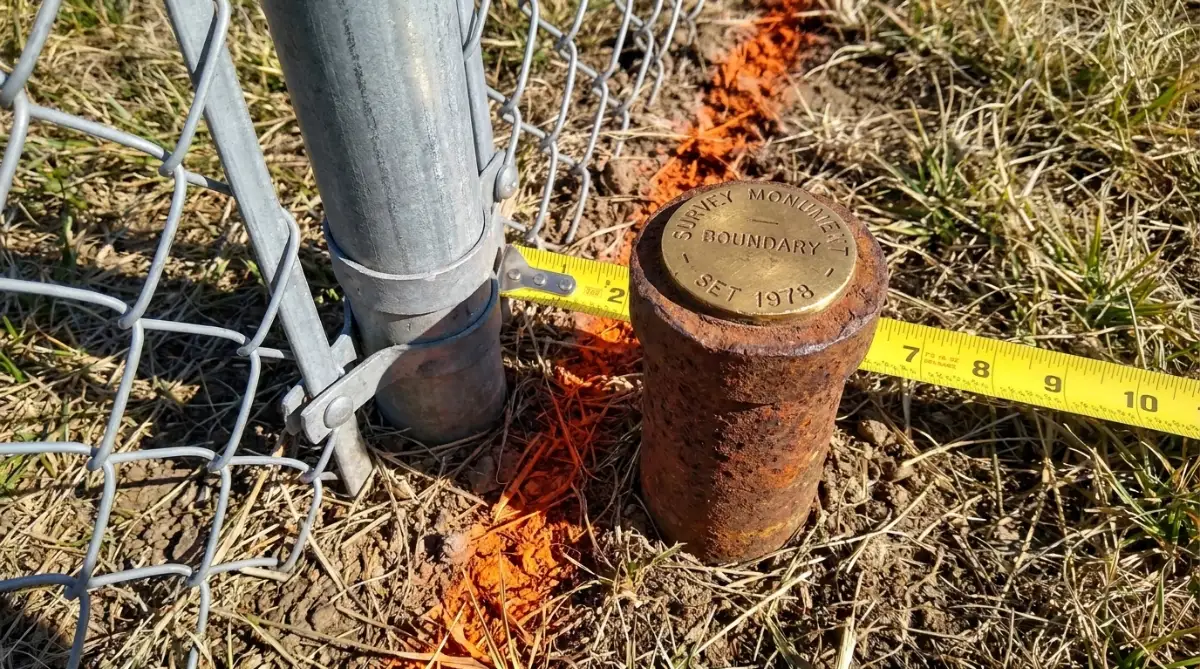 Pin cushion corner boundary survey monument and fence encroachment