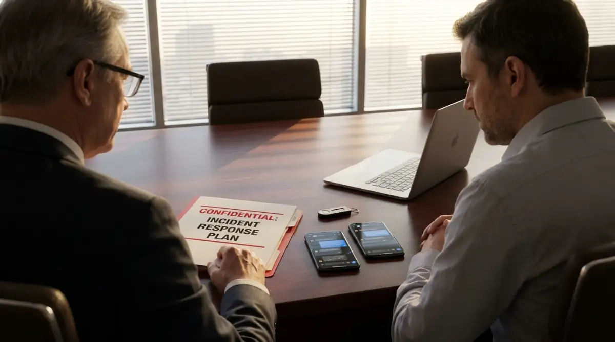 Cyber breach response team using air-gapped encrypted devices and legal documentation to coordinate out-of-band incident containment