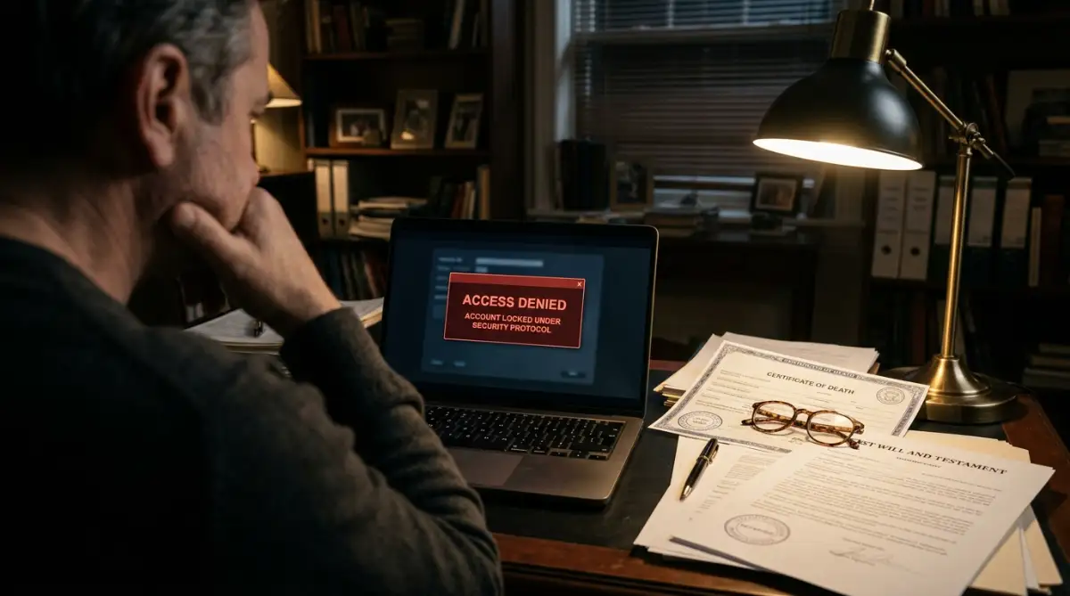 Close-up of laptop screen displaying account access denied warning during executor estate administration next to legal death certificate