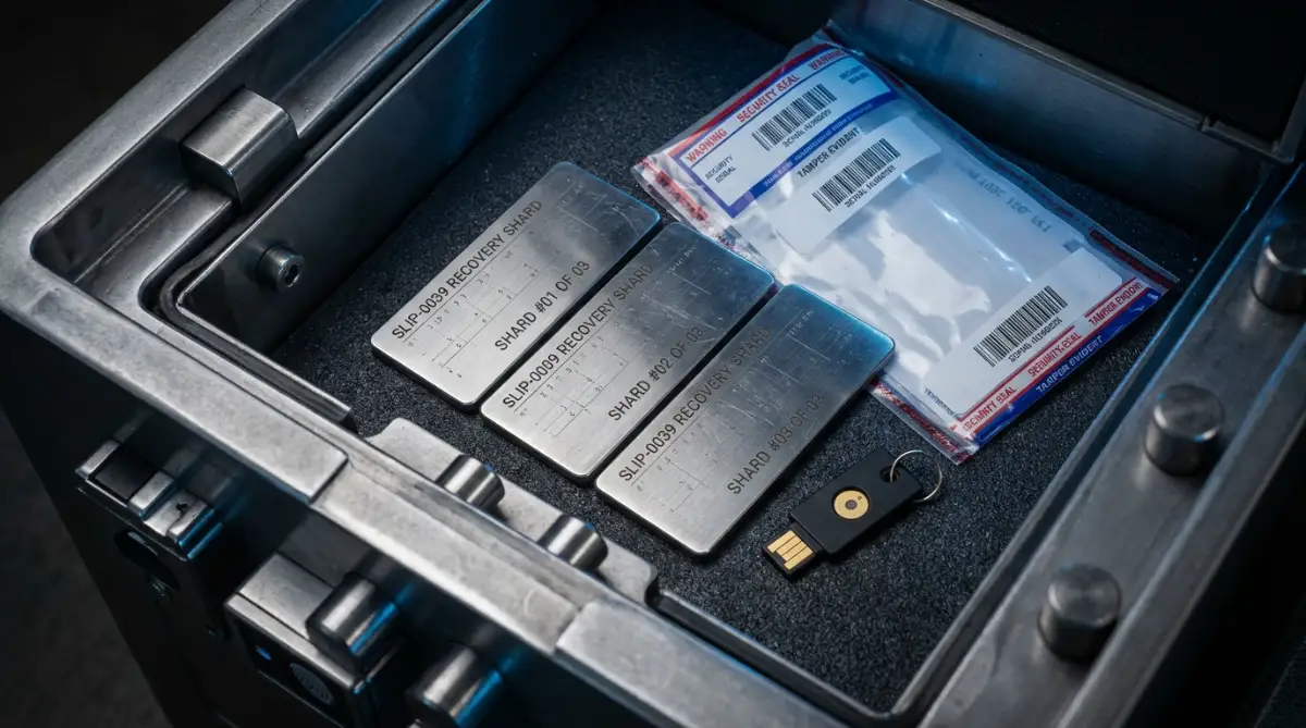 Engraved stainless steel cryptographic seed plates for Shamir Secret Sharing wallet recovery stored in heavy fireproof safe