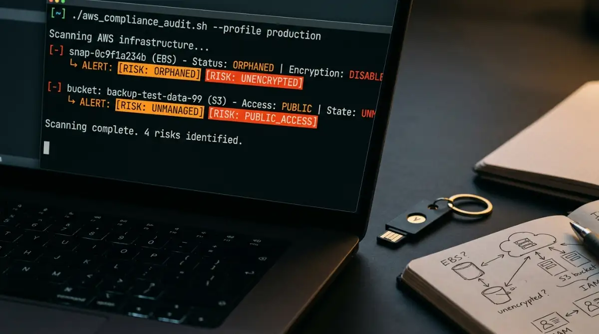 Cloud engineer running automated CLI discovery script scanning for orphaned database snapshots and unencrypted shadow data buckets