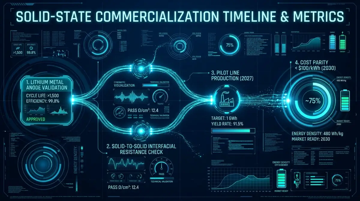 Technical comparison matrix contrasting legacy liquid lithium-ion battery limitations (250-300 Wh/kg, flammable electrolyte, dendrite short circuits) against all-solid-state battery architecture (500+ Wh/kg, 0% liquid electrolyte, 12-minute fast charging).