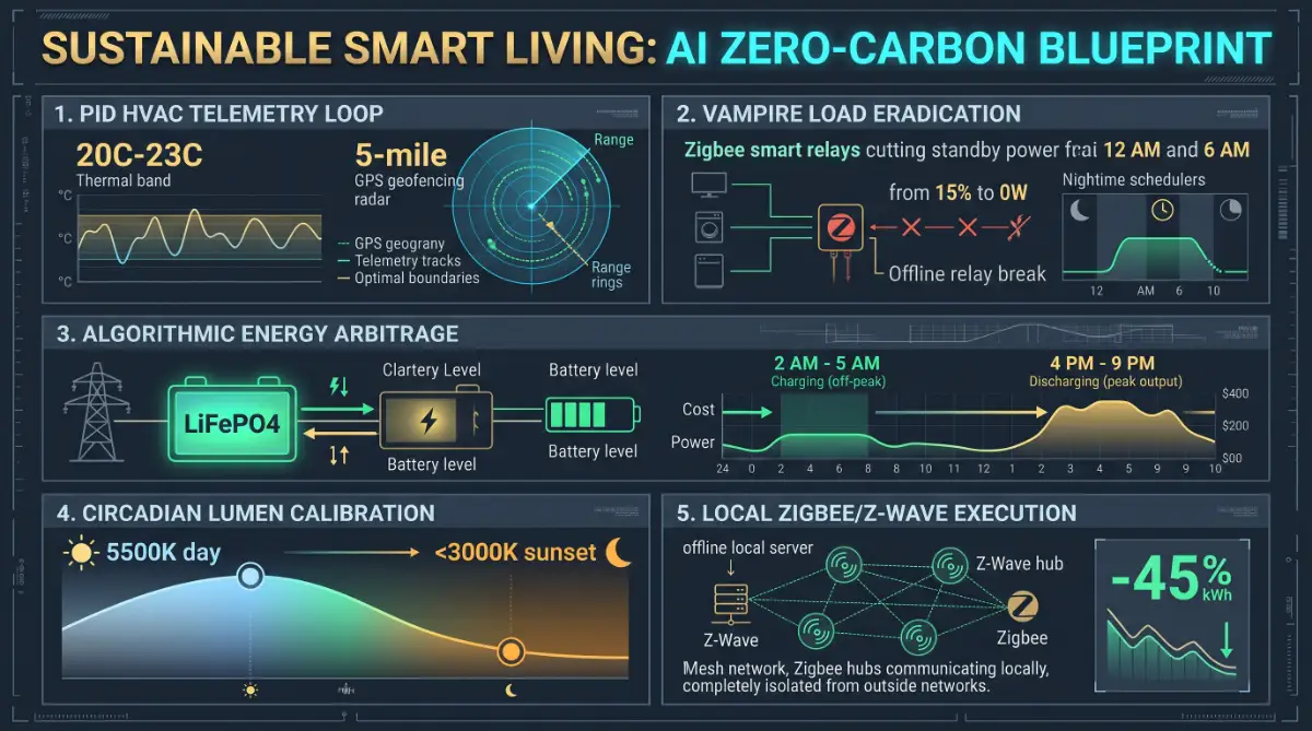 5-panel AI zero-carbon smart living master blueprint showing PID HVAC telemetry loop (20&deg;C-23&deg;C), Zigbee vampire load eradication (0W standby), LiFePO4 algorithmic energy arbitrage, circadian lumen calibration (5500K to <3000K), and local Home Assistant execution.