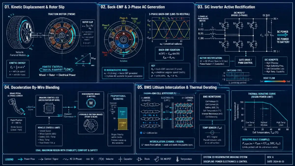 5-panel Bento-grid engineering blueprint showing how regenerative braking works in modern electric vehicles via kinetic recovery formula E_rec = 1/2 m(v_i^2 - v_f^2) * eta_sys, back-EMF generation V_emf = K_e * omega * Phi, 16-24 kHz SiC inverter rectification, 0.28g brake-by-wire blending, and BMS lithium intercalation.
