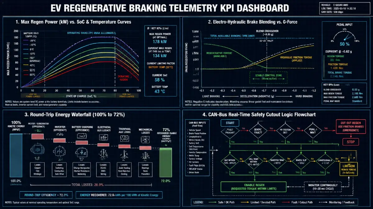 4-panel EV regenerative braking telemetry dashboard charting max regen power kW derating across SoC % and pack temperature, electro-hydraulic brake blending split at 0.28g deceleration, and wheel-to-battery-to-wheel energy waterfall.