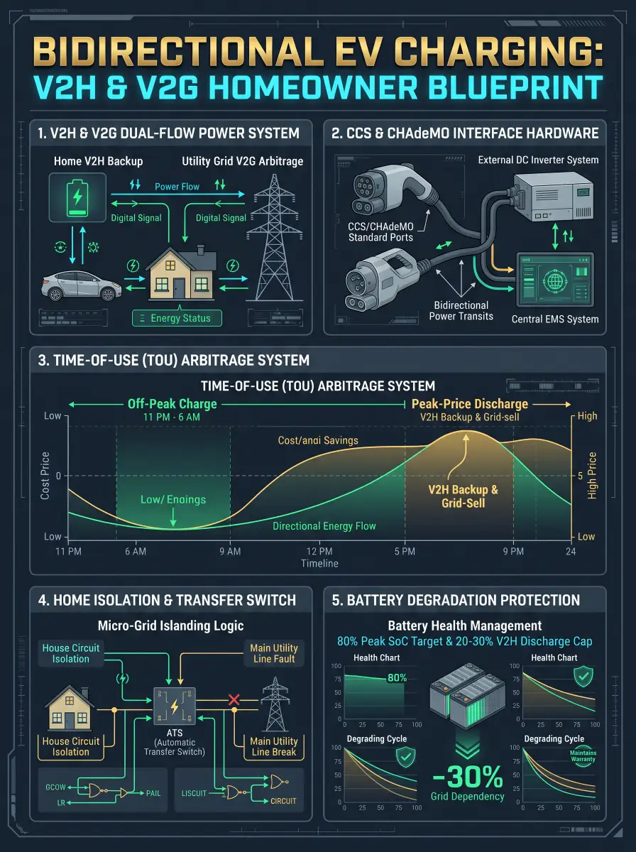 5-panel bidirectional EV charging engineering blueprint illustrating UL 9741 V2H and V2G dual-flow power routing, CCS/NACS ISO 15118-20 interface hardware, Time-of-Use arbitrage curves, sub-16ms Microgrid Interconnection Device isolation, and 0.1C battery SOH protection.