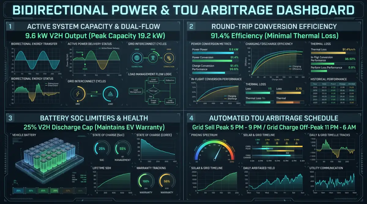 High-precision V2H and V2G electrochemical telemetry dashboard displaying 9.6kW to 19.2kW continuous output, 90.2%-93.5% SiC round-trip conversion efficiency, 20% SoC emergency reserve floor preserving EV battery warranty, and automated 16:00-21:00 peak TOU arbitrage dispatch.