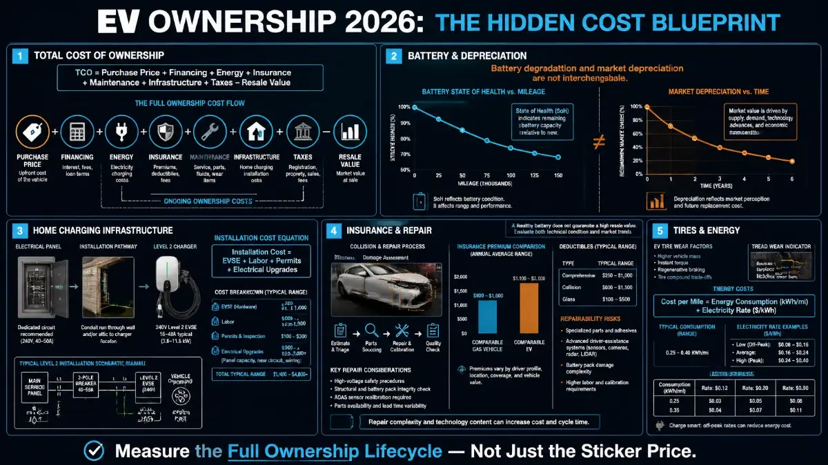 Comprehensive 5-panel master blueprint infographic detailing the hidden costs of EV ownership in 2026, including battery SoH decay, tire wear, insurance surcharges, and home charging infrastructure.