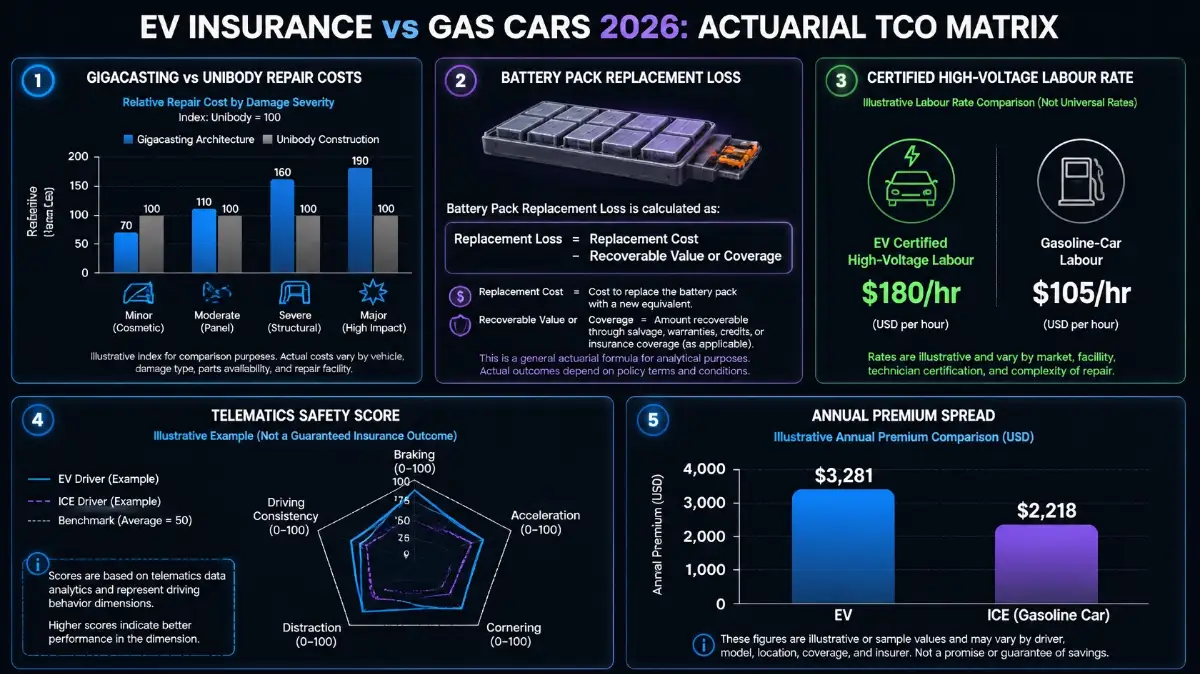Executive 5-panel Bento Grid mapping the actuarial risk factors driving the annual insurance premium gap between EVs and traditional gas cars.