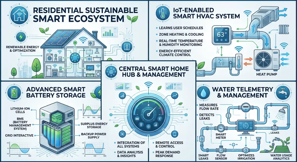 A 5-panel bento-grid architectural blueprint illustrating a sustainable smart living ecosystem with IoT HVAC, smart batteries, and water telemetry.