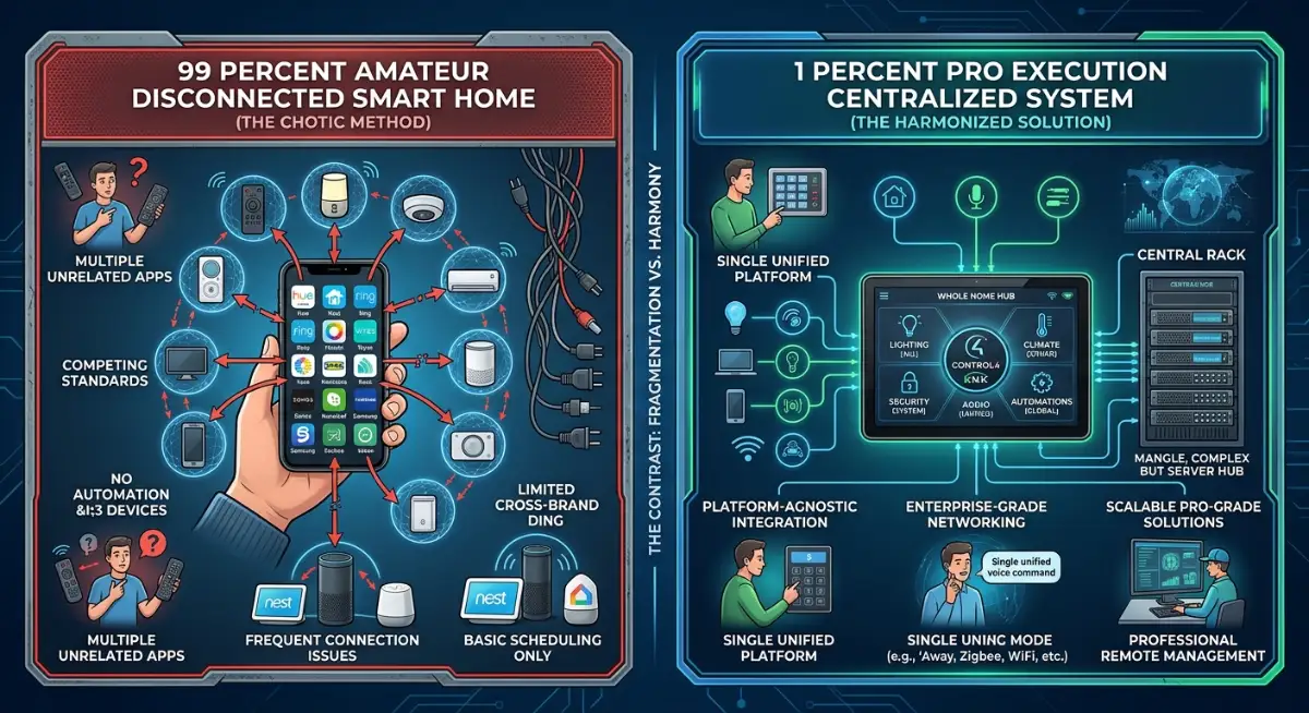Side-by-side comparison diagram showing the 99 percent amateur disconnected smart home versus the 1 percent pro execution centralized system.