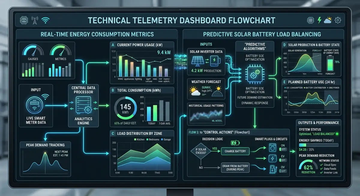 Technical telemetry dashboard flowchart displaying real-time energy consumption metrics and predictive solar battery load balancing.
