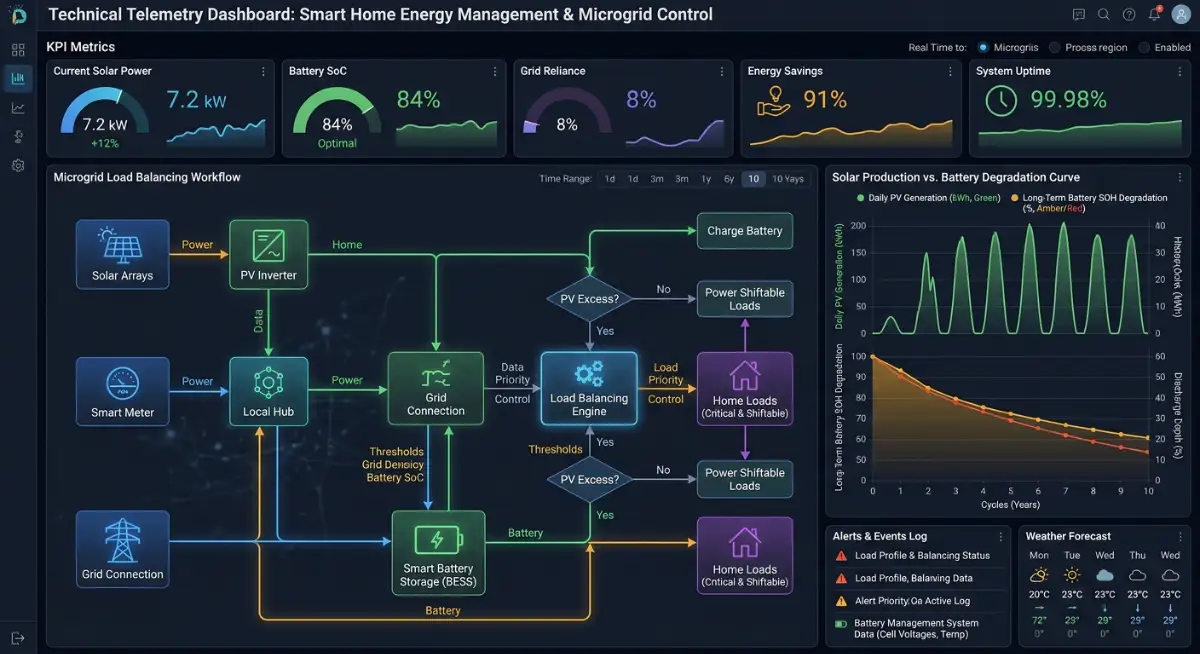 Technical telemetry dashboard flowchart illustrating real-time solar yield, battery SOC degradation curve, and dynamic grid arbitrage metrics.
